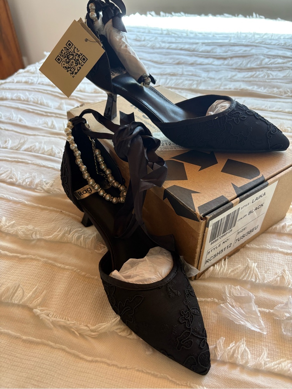 rag & bone Black Embroidered Pointed-Toe Heels with Pearl Ankle Strap